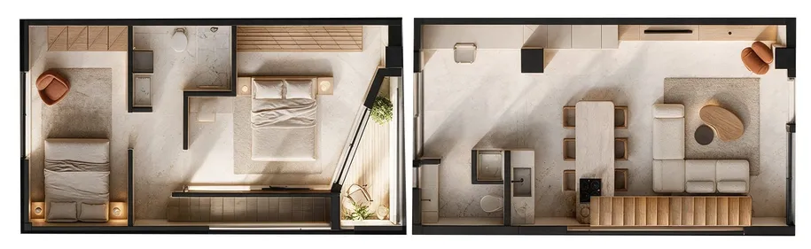 Rendered plans of the two levels of apartment I1
