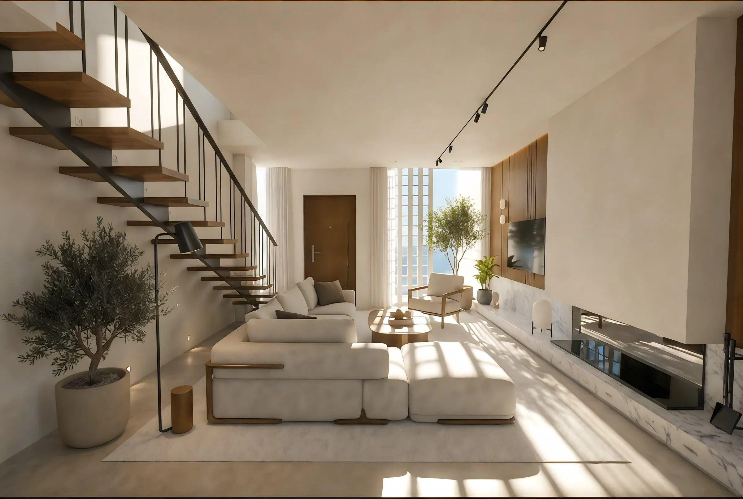 Living room with an open staircase, a large sofa and a tall window